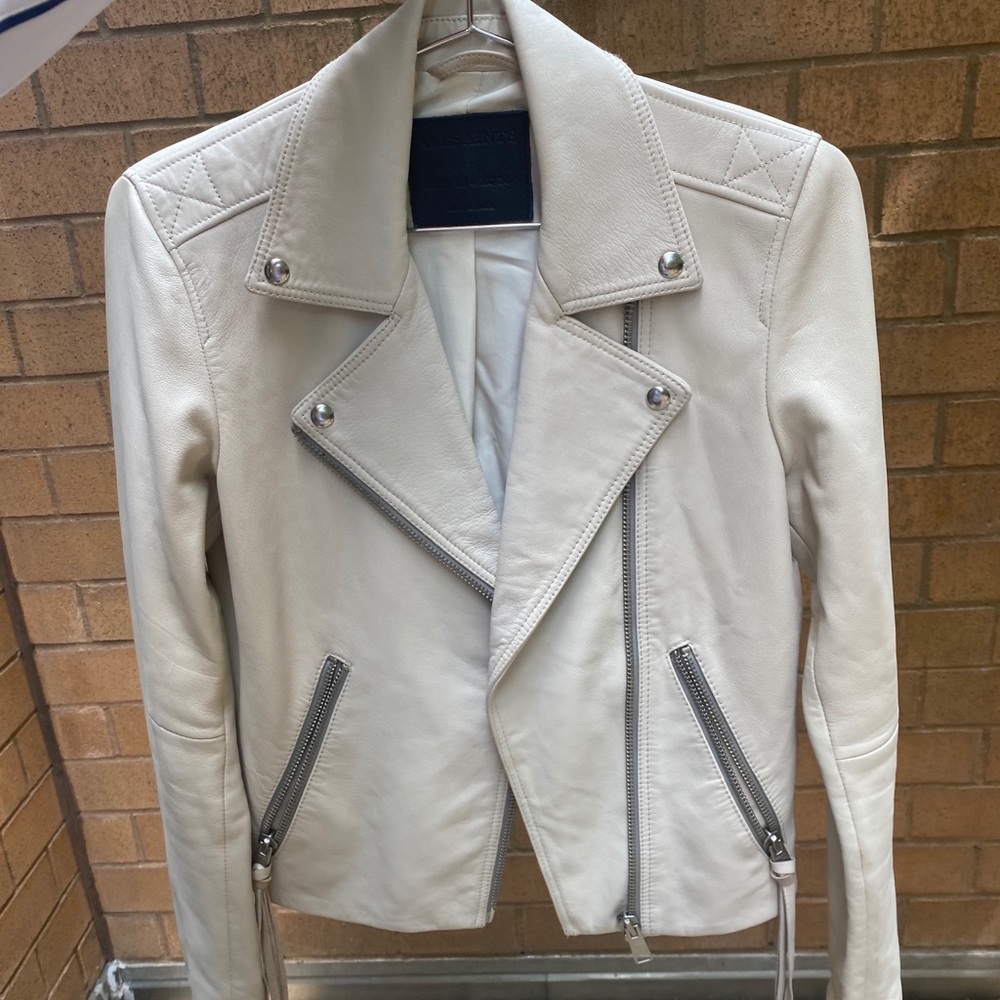AllSaints Daley Leather Biker Jacket in Aries White size 4